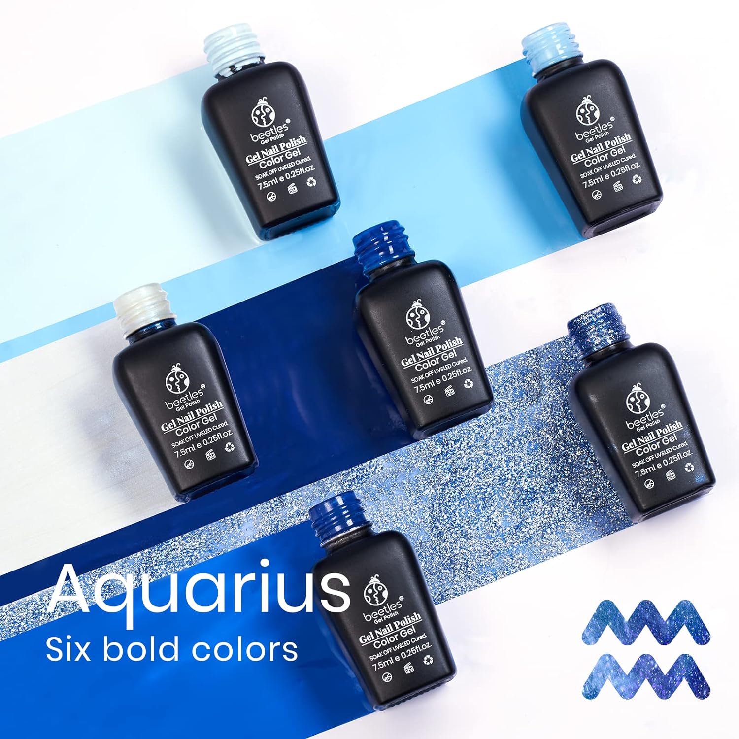 Beetles – Juego de 6 esmaltes de uñas de gel con purpurina azul bebé, colección Aquarius Water Collection Spring Soak Off UV LED Kits de uñas de gel