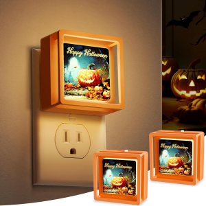 DORESshop Paquete de 2 luces nocturnas de Halloween, luz nocturna LED espeluznante, pintura de calabaza, brillo ajustable, encendido y apagado DORESshop Paquete de 2 luces nocturnas de Halloween, luz nocturna LED espeluznante, pintura de calabaza, brillo ajustable, encendido y apagado