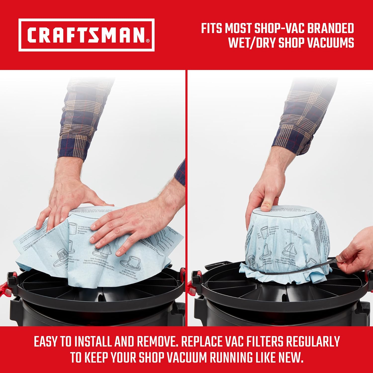 CRAFTSMAN CMXZVBE38766 Filtros secos con banda de retención, filtro de vacío de repuesto para aspiradora húmeda y seca, filtros reutilizables solo