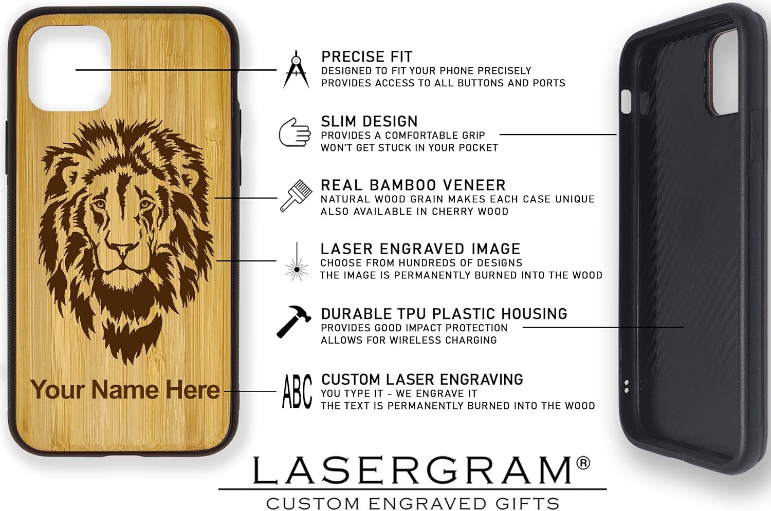 Funda compatible con iPhone 11, iPhone 11 Pro, iPhone 11 Pro Max, Majorette, grabado personalizado incluido (madera), Bambú