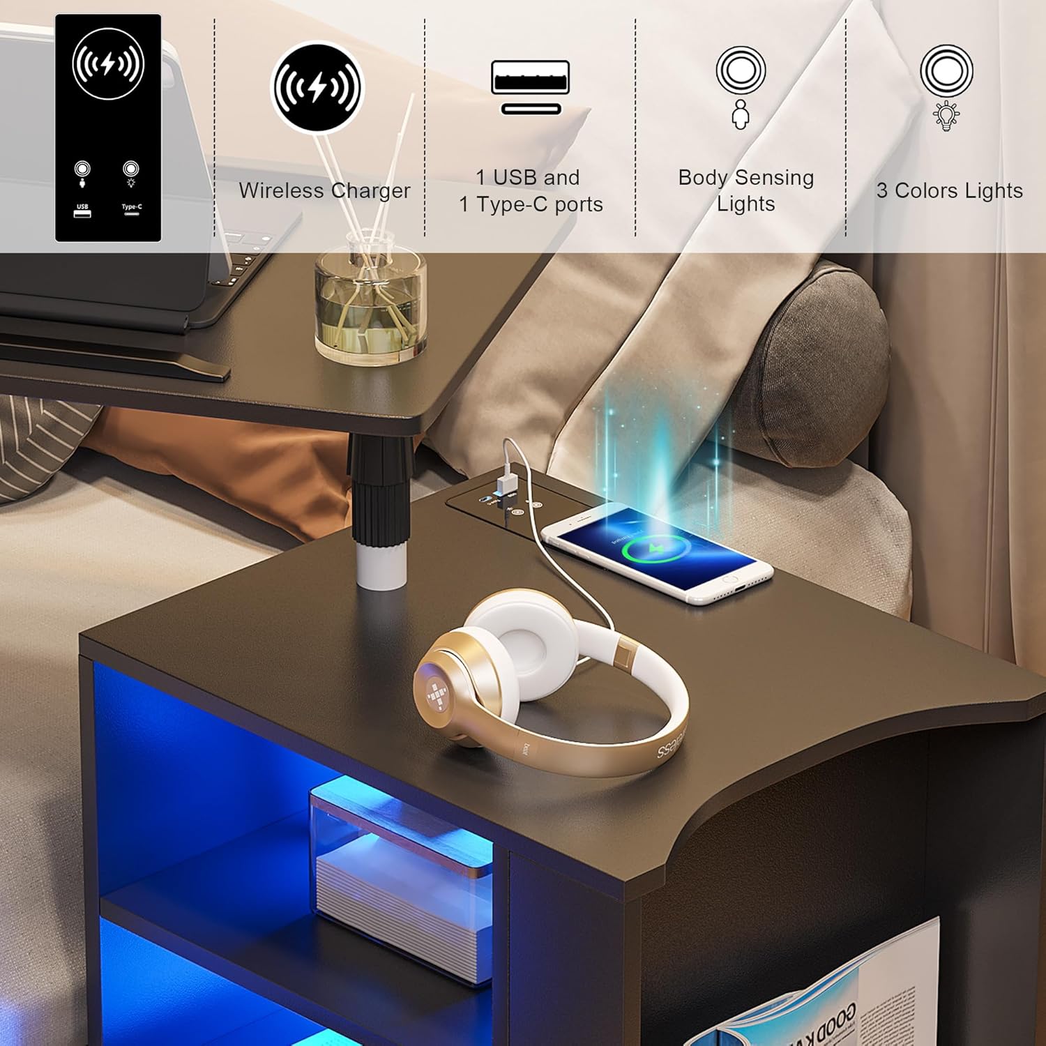 HNEBC Mesita de noche LED con estación de carga inalámbrica, mesita de noche con mesa giratoria ajustable, mesitas de noche con un cajón y 2