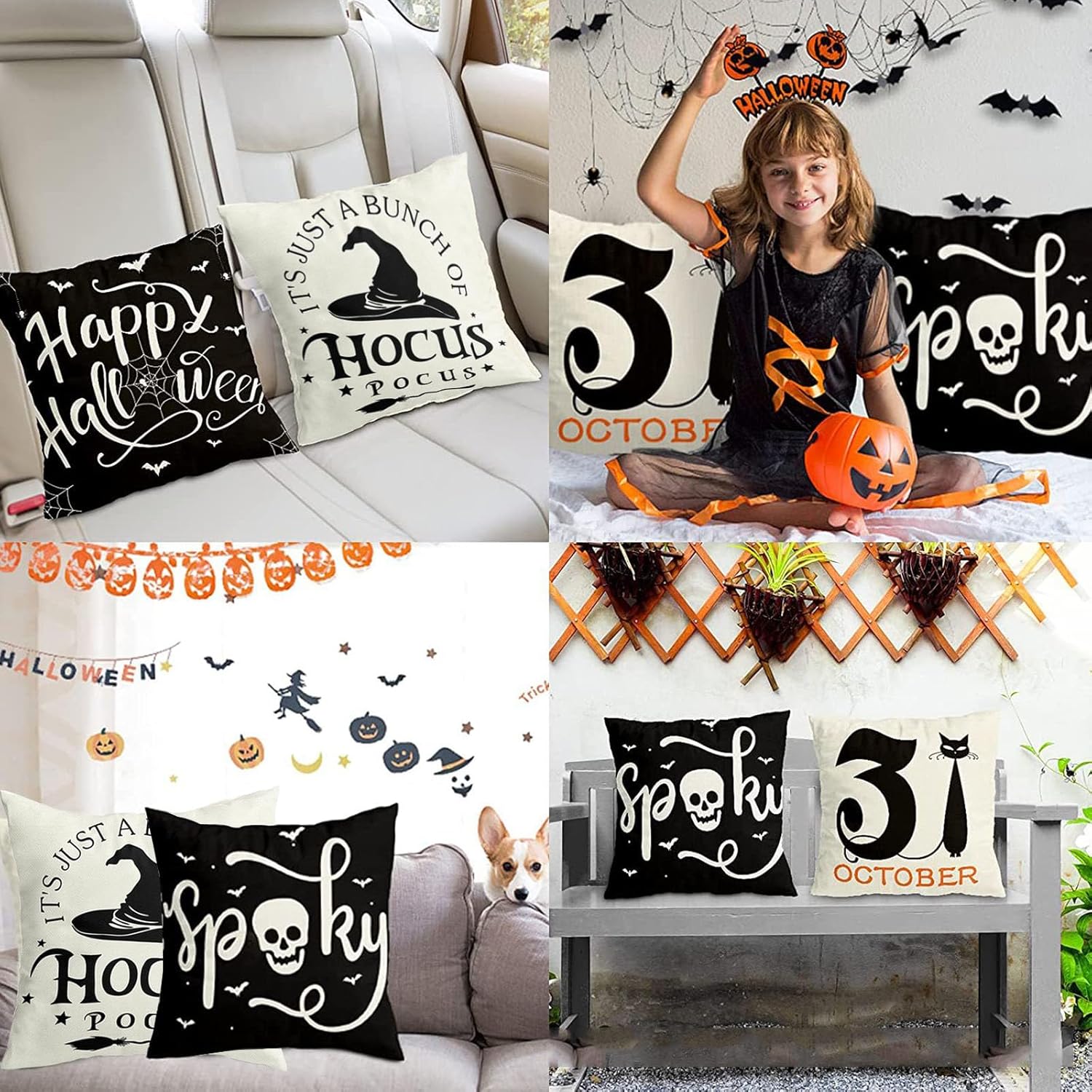 Fundas de almohada decorativas de Halloween, 1 unidad, de lino y algodón, color negro y blanco, fundas de cojín cuadradas de 18 x 18 pulgadas para
