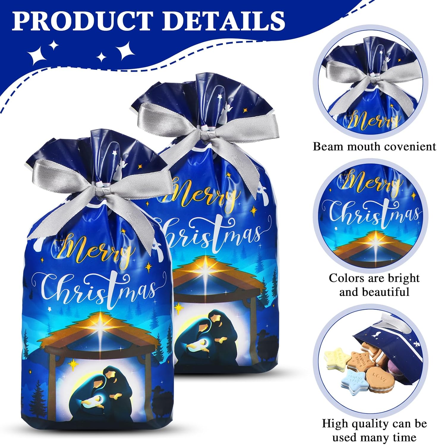 Funrous 50 bolsas de regalo de Navidad con cordón de Navidad, bolsas de plástico a granel religiosas con lazos, bolsas de regalo sagrado de Navidad