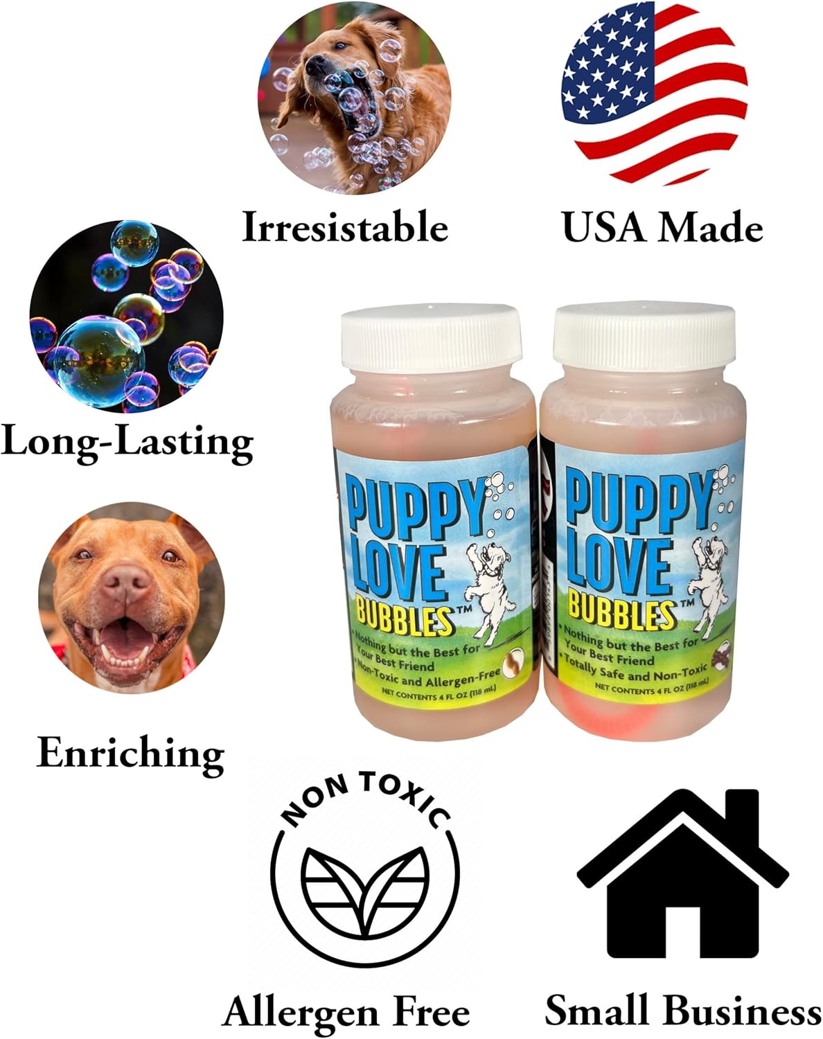 Puppy Love Bubbles, burbujas perfumadas de mantequilla de maní de 4 onzas, paquete de 2 botellas con sabor a mantequilla de maní para perros