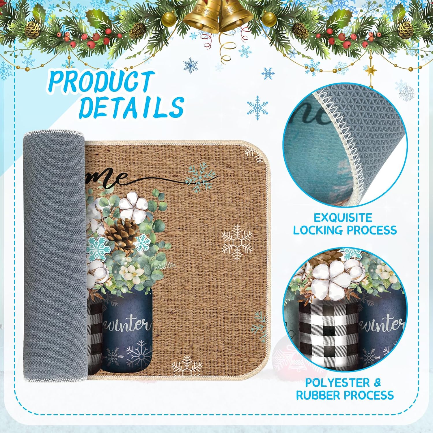 Timgle Tapetes de Navidad para puerta de invierno, antideslizantes, tapetes de bienvenida para interiores y exteriores, conos de pino, copos de