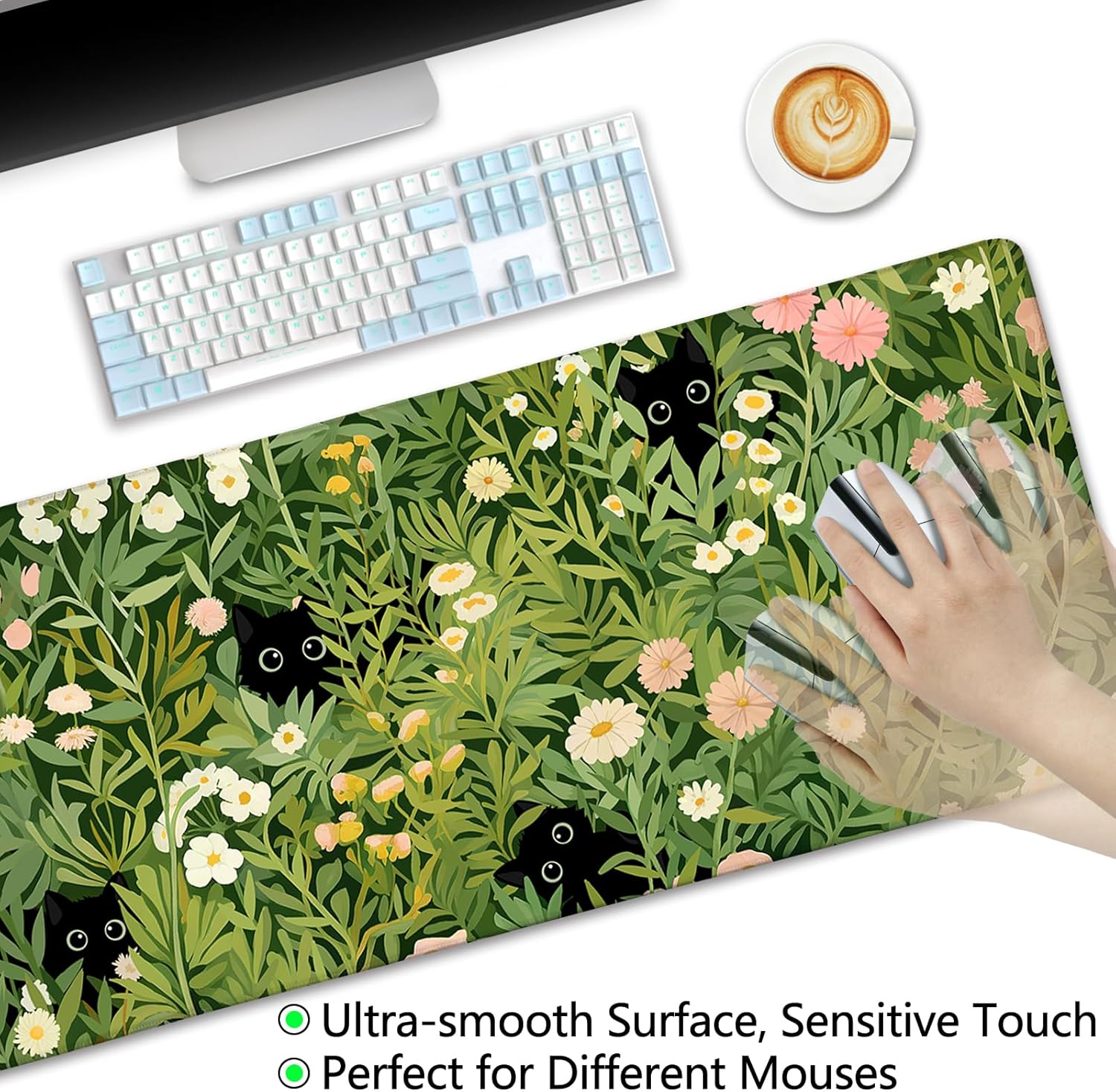 Divertida alfombrilla de escritorio con diseño de flor de gato negro, alfombrilla grande para mouse para juegos, alfombrilla de mouse para