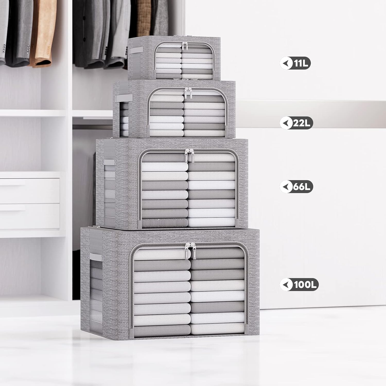 Paquete de 3 cajas de almacenamiento de ropa  Oxford plegable apilable contenedor organizador para ropa, marco de tela, bolsas de almacenamiento con