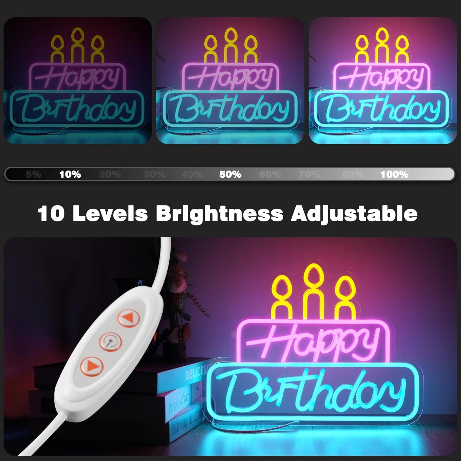Letrero de neón de feliz cumpleaños de 16 x 12 pulgadas para decoración de pared, letrero LED regulable de feliz cumpleaños para habitación, letrero
