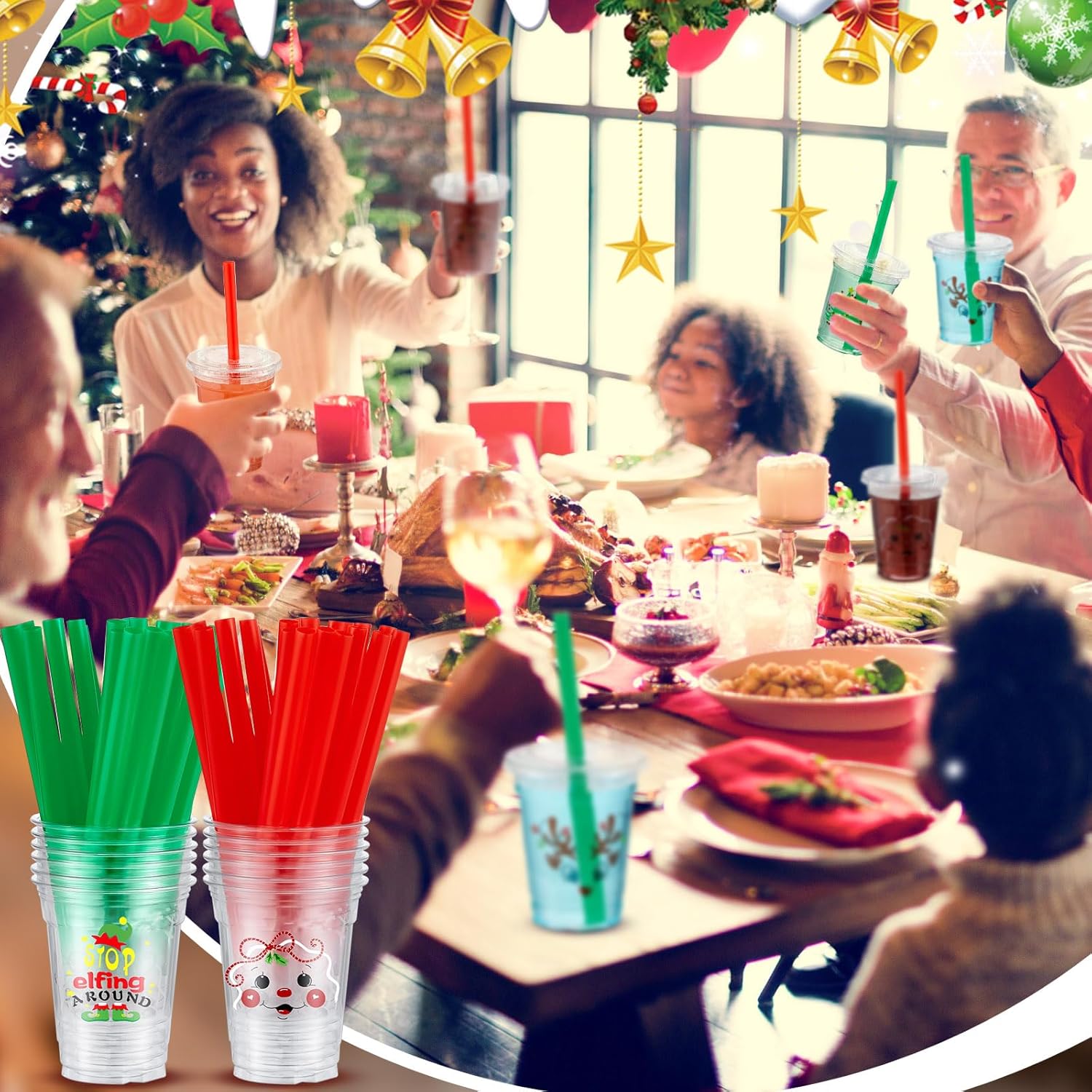 Zhehao Juego de 50 vasos de plástico de Navidad transparentes desechables a granel con tapas y pajitas, Papá Noel, muñeco de nieve, árbol de