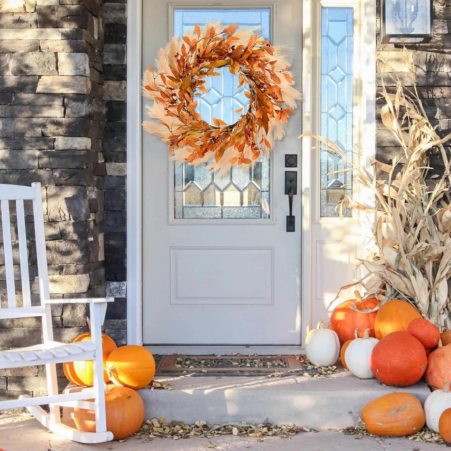 Corona de otoño para puerta delantera, corona de otoño de 20 pulgadas, corona de puerta delantera de otoño con ganchos para decoración de porche
