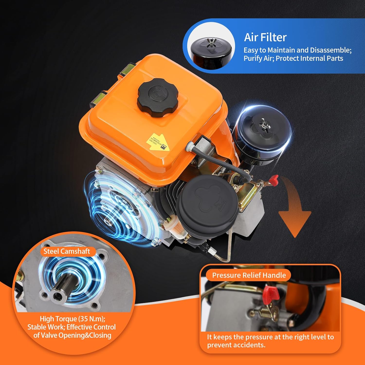 Motor diesel, Motor Go Kart, Motor diesel de un solo cilindro refrigerado por aire de 196cc de 4 tiempos, Motor horizontal oblicuo 168f para