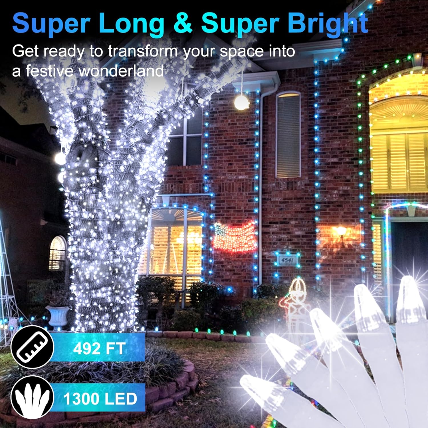Luces de Navidad para exteriores de 492 pies, 1300 luces LED súper largas, 8 modos de iluminación y memoria de temporizador, cuerdas de luz