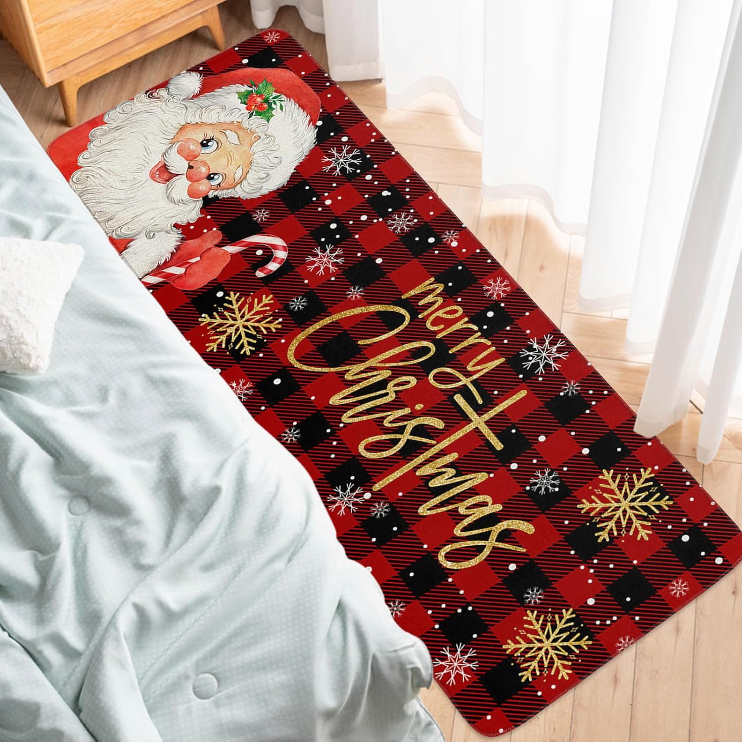Alfombrillas de cocina de Papá Noel para piso, 2 piezas, diseño de búfalo rojo y negro, antideslizantes, juego de alfombras de cocina lavables,
