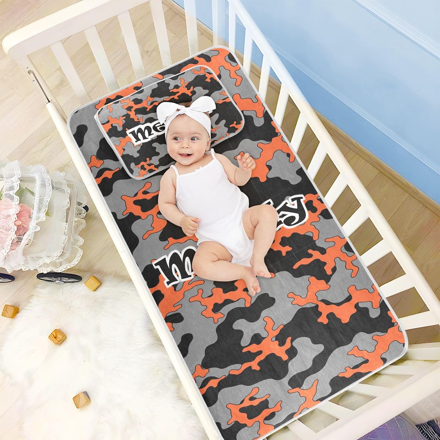 Custom Camouflage Black Orange Crib Mattress Protector Pad for Boys Girls Baby Ice Silk Mat Bed Mattress Protector Pad Cooling Mattress Topper for
