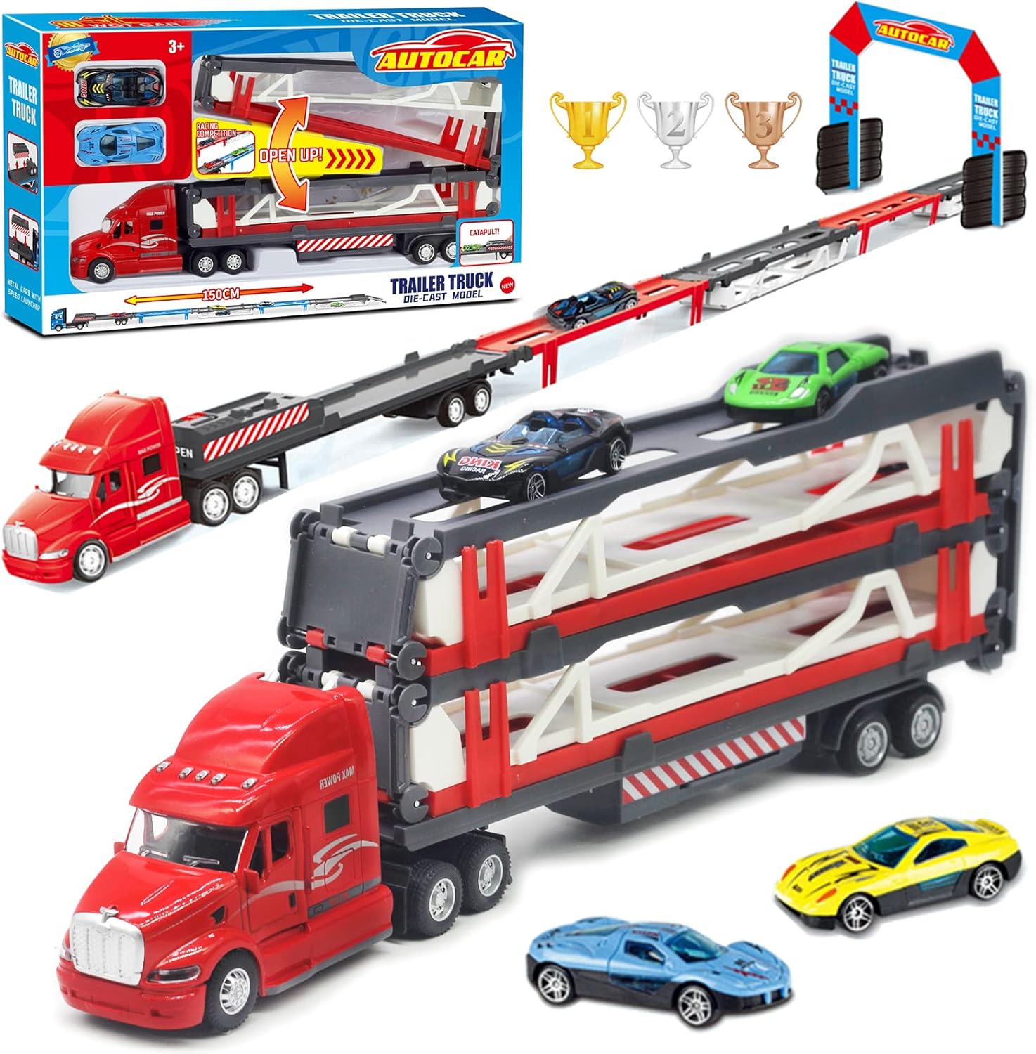OTONOPI Juego de camiones transportadores de automóviles, camión de juguete Mega Hauler Carrier Trucks con eyección de 59 pulgadas, camión de