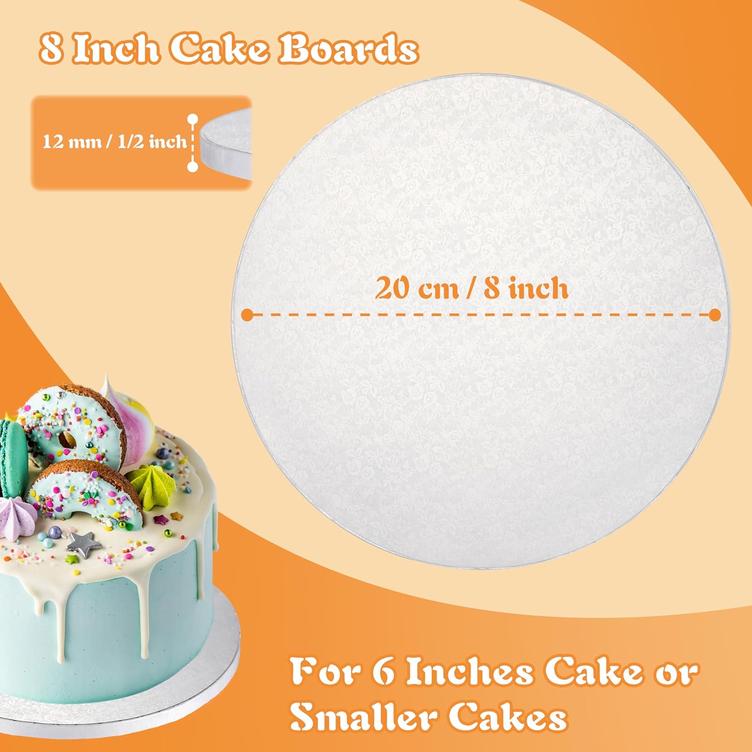 Tambores para tartas de 8 pulgadas con decoración de tartas, tablero redondo blanco de 12 pulgada de grosor, duradero, resistente a la grasa para