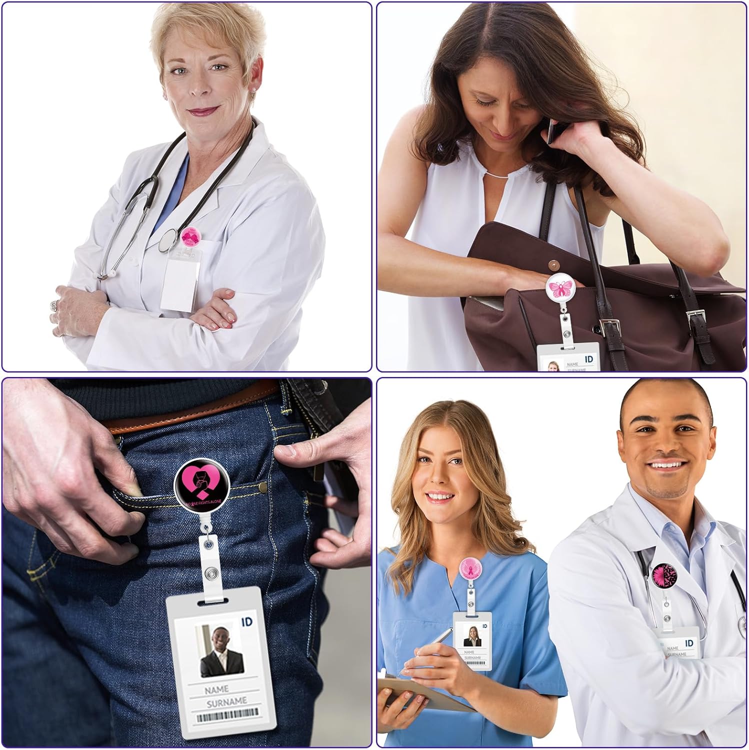 Faccito Carrete retráctil para insignia de cáncer de mama, 18 unidades, con diseño de mariposa, para decoración de cáncer de mama, clip de