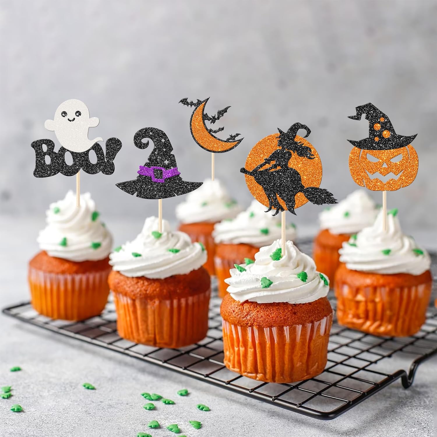 Rsstarxi Paquete de 30 adornos para cupcakes de fantasmas de Halloween con brillantina, murciélago, calabaza, fantasma, bruja, Halloween, cupcakes,