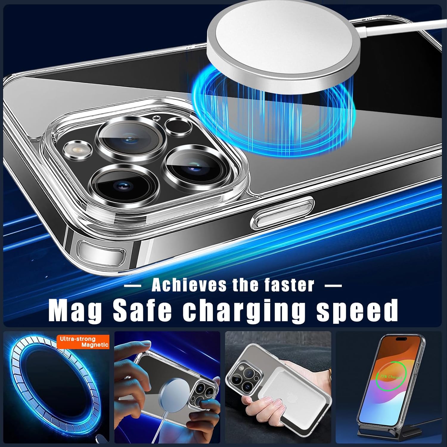 Funda transparente para iPhone 15 Pro Max con soporte de anillo magnético invisible, compatible con MagSafe, protección contra caídas de grado