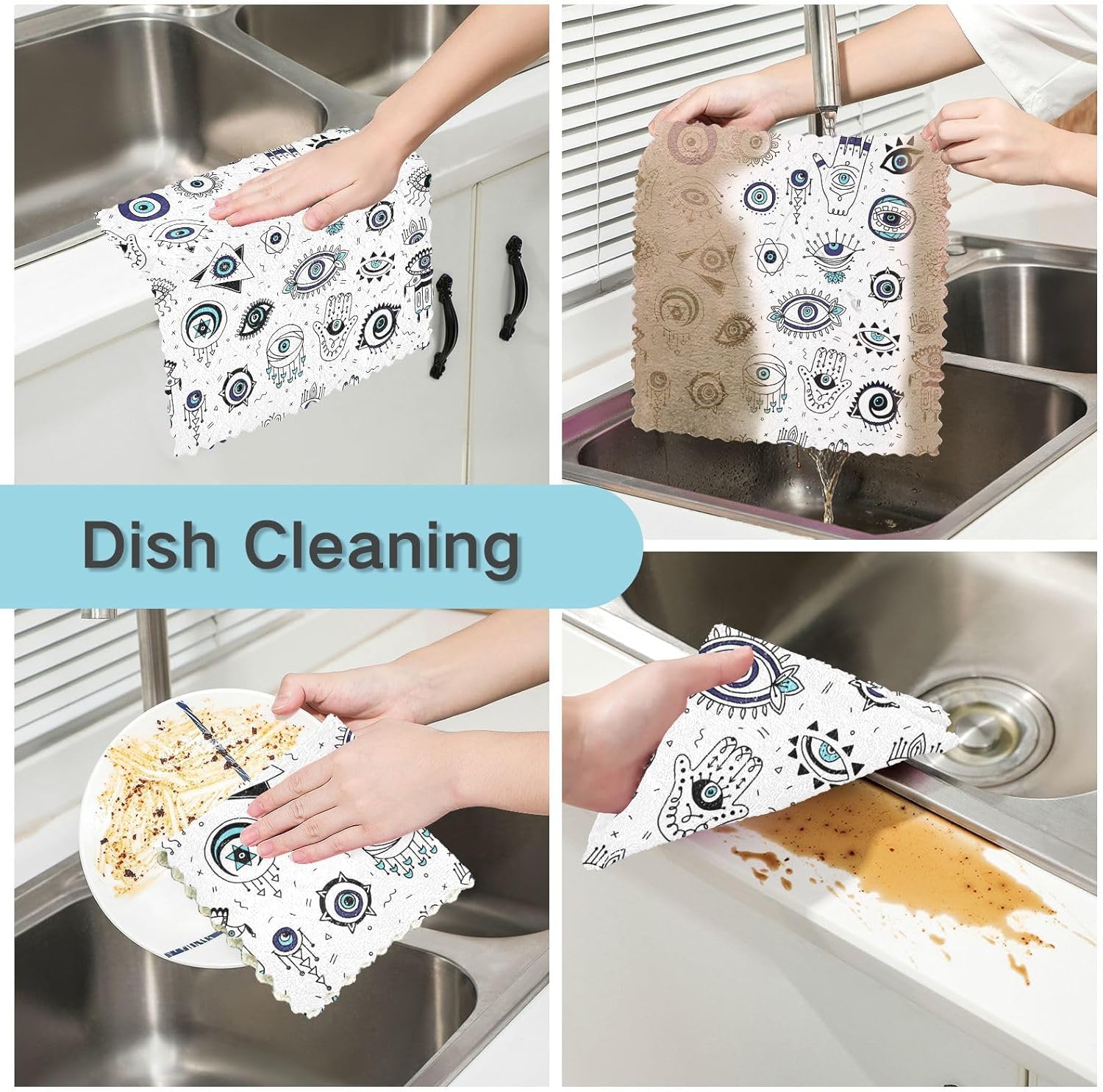Evil Eyes Geometry Doodle 6 Pack Quick Dry Microfiber Cleaning Towels Kitchen Decorative Quality Microfiber Towel for Countertop Coffee