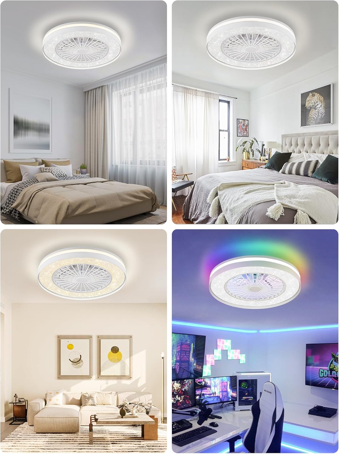 ZMISHIBO Ventilador de techo cerrado inteligente con WiFi y Bluetooth de 20 pulgadas con luz RGBCW, moderno ventilador de techo sin aspas con