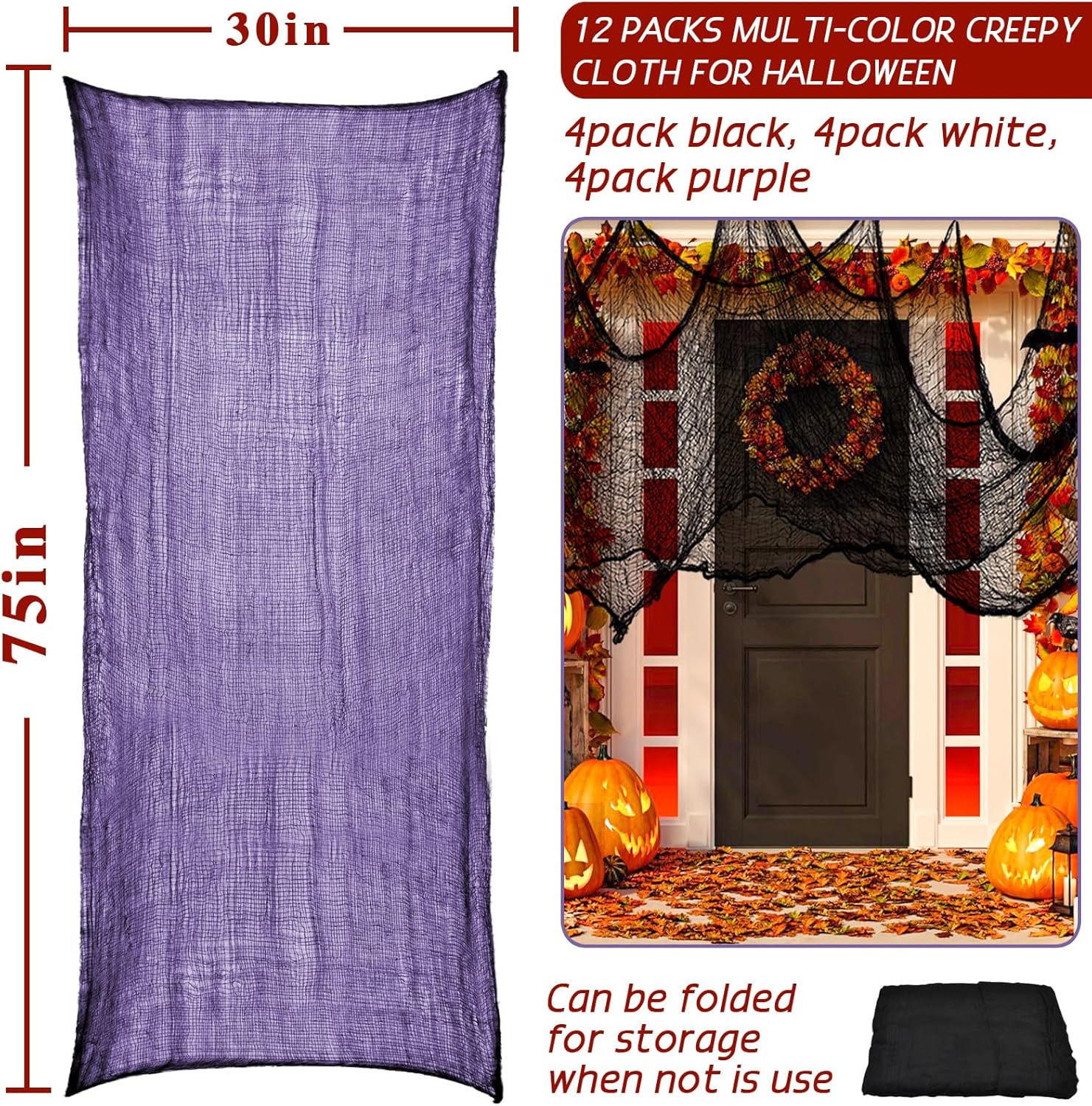 ZeeDix Paquete de 12 paños espeluznantes de Halloween de 30 x 75 pulgadas, decoración de Halloween, tela de gasa espeluznante para suministros de