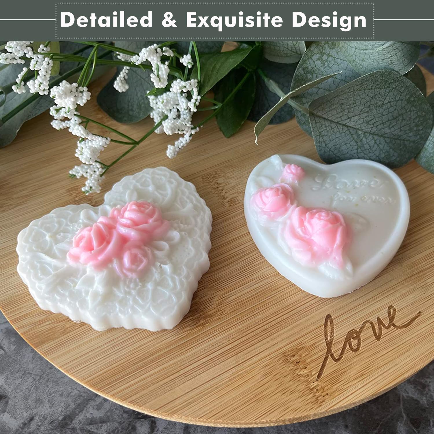 AITRAI – Moldes de jabón de silicona con forma de corazón, 4 tipos de flores 3D, moldes de jabón de corazón para hacer jabón, pasteles, dulces,