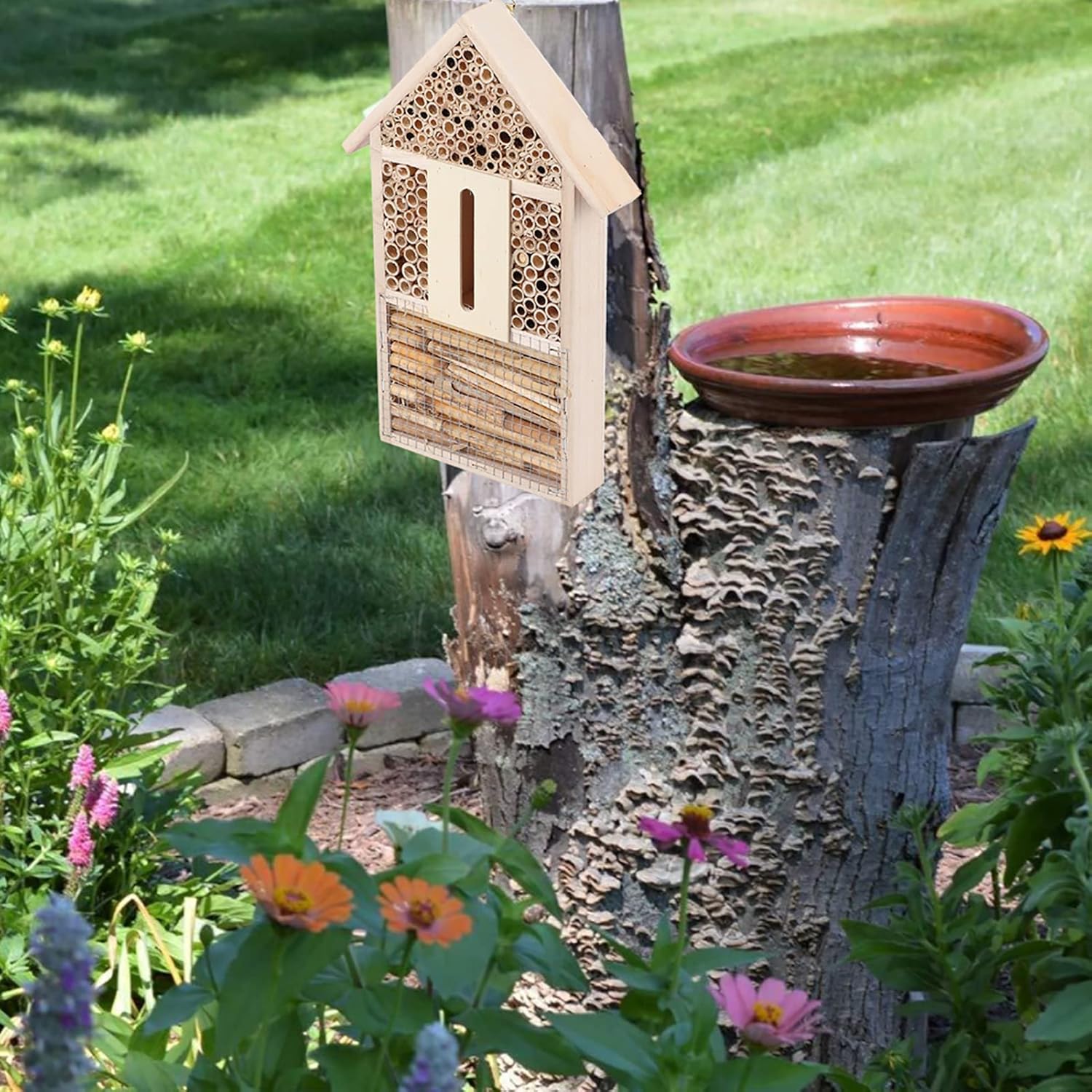 Fydun Casa de abejas de madera, refugio de jardín, caja de anidación de artesanías, adorno al aire libre, decoración de casa de abeja de madera,