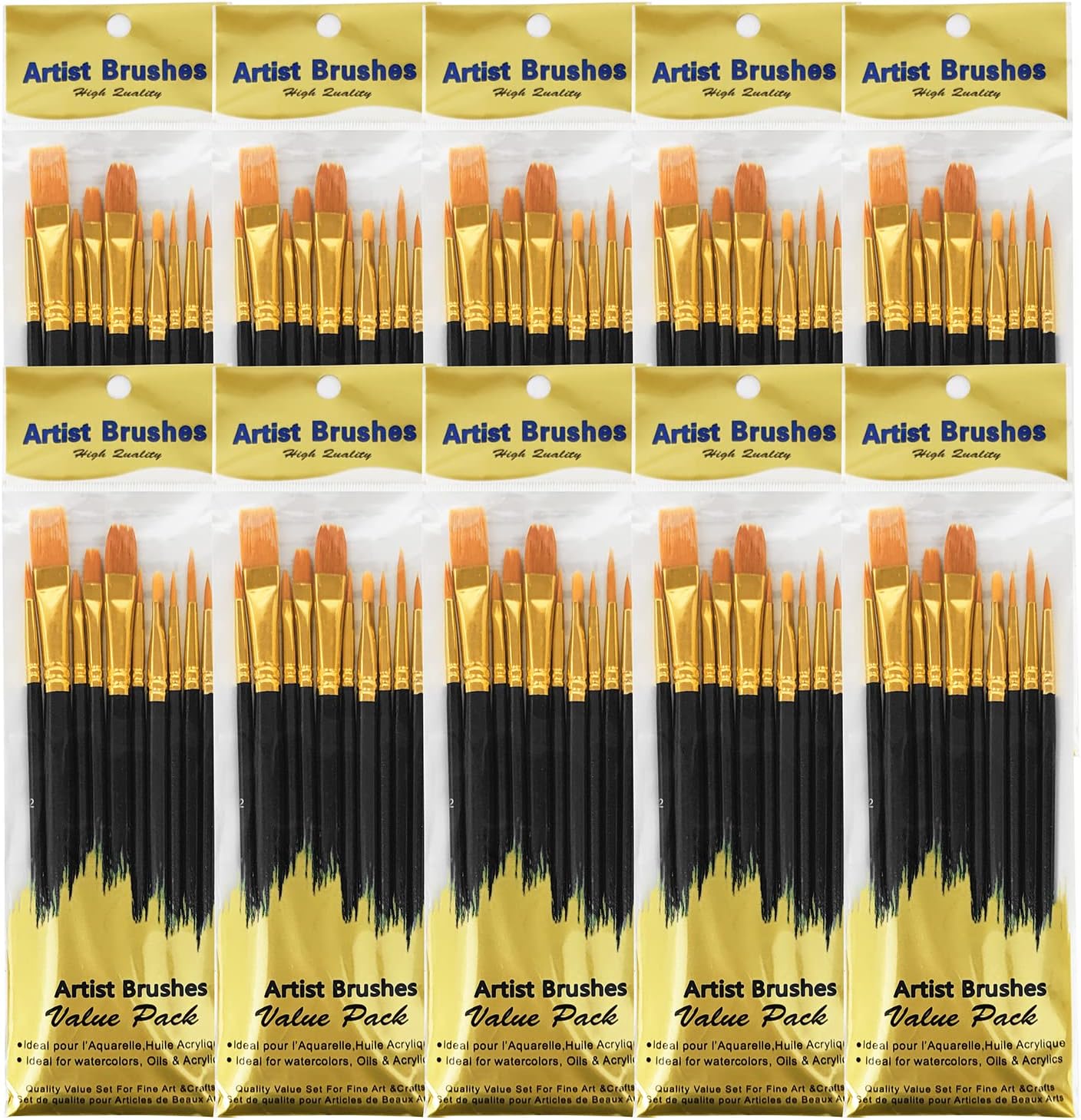 Juego de 100 pinceles de pintura, 100 pinceles de pintura negra al óleo y acuarela, cabezal de cepillo de nailon, juego de pinceles de pintura