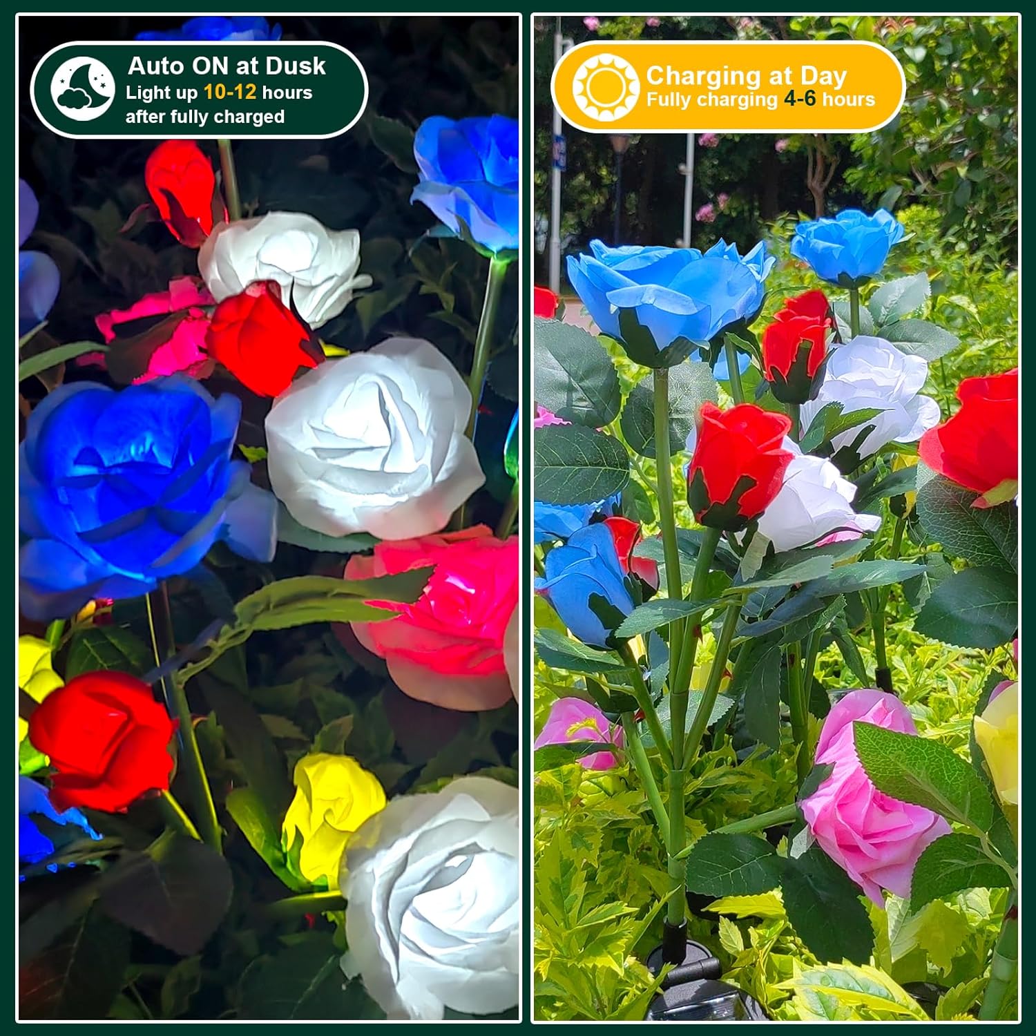 Luces solares de jardín decorativas para exteriores, paquete de 2 luces solares de jardín con 12 rosas, LED multicolor, impermeable, funciona con