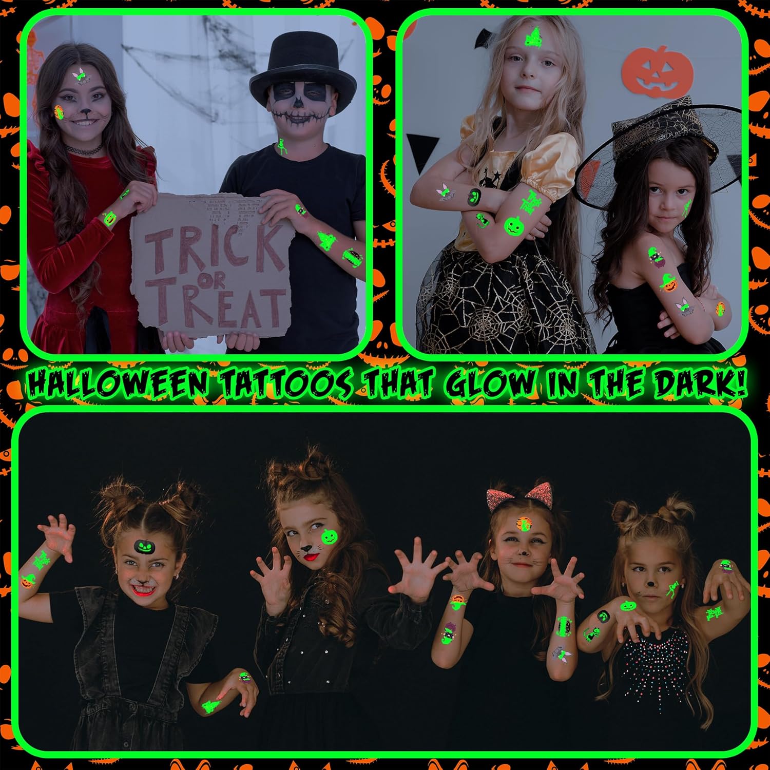 ArtCreativity Tatuajes temporales de Halloween que brillan en la oscuridad, juego de 144, tatuajes temporales para niños en 12 diseños