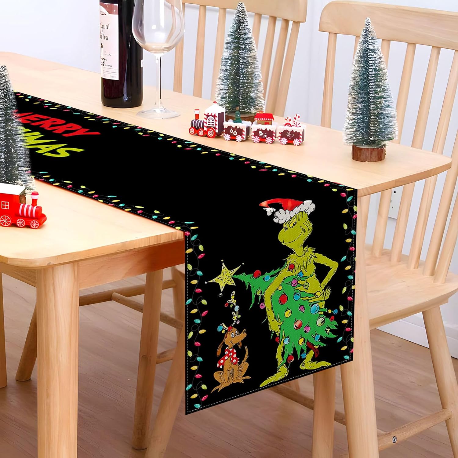 Camino de mesa Grinchmas Merry Christmas Whoville para fiestas de invierno, cocina, chimenea, comedor, decoración del hogar (negro, 13 x 72 pulgadas)