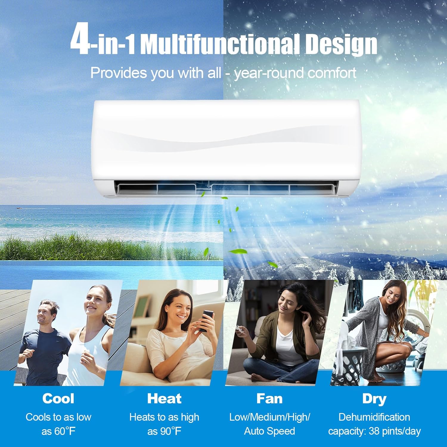 RELAX4LIFE Mini sistema de aire acondicionado divididocalefacción, 9000 BTU sin conductos Mini Split Aire acondicionado con bomba de calor, control