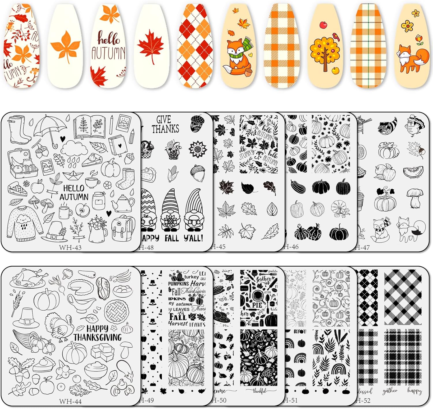 Whaline Kit de 10 hojas de placas de estampado de arte de uñas de otoño, calabazas de Feliz Acción de Gracias, gnomo de hoja de arce, a cuadros,