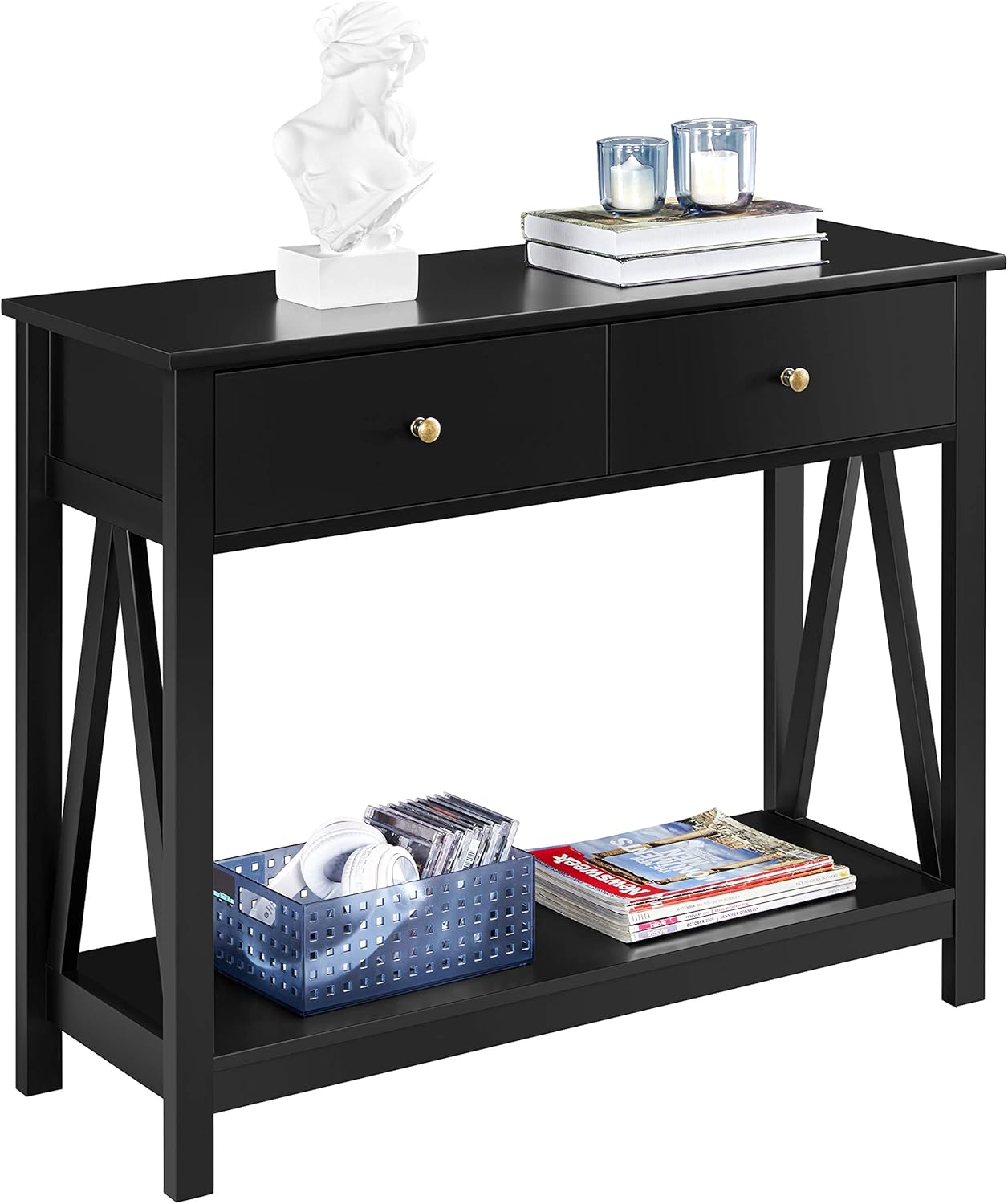 Yaheetech Mesa consola con cajón, mesa de entrada de madera con estantes de almacenamiento, mesa de sofá estrecha larga para sala de estar, entrada,