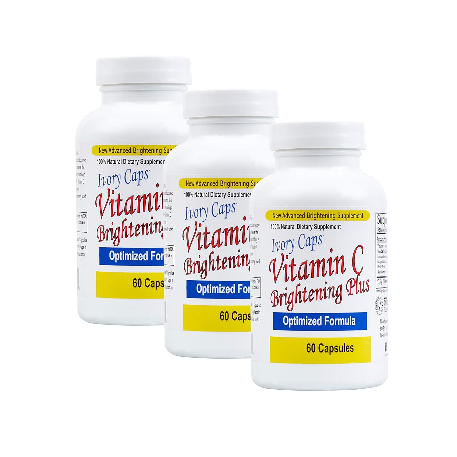 Ivory Caps Paquete de 3 iluminadores de vitamina C de máxima fuerza más 60 cápsulas