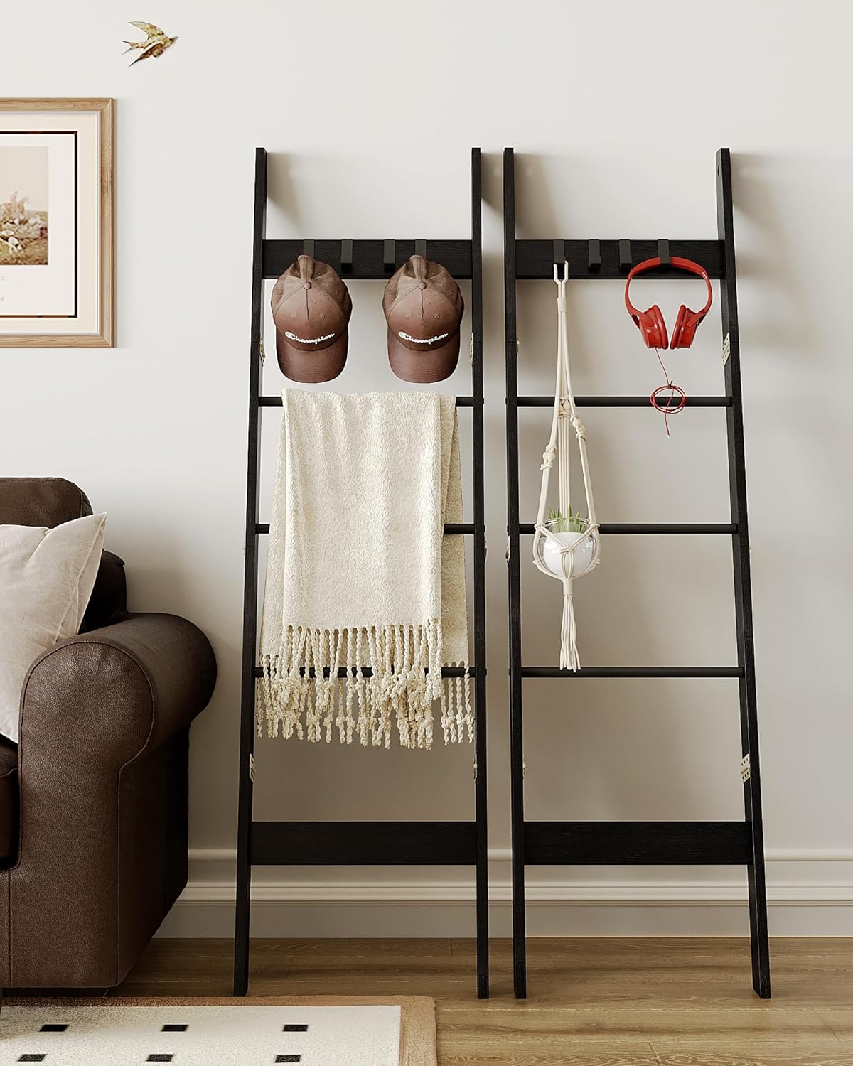 Hzuaneri Estante de escalera para manta para dormitorio, estante decorativo de madera con 4 ganchos extraíbles, organizador de escalera de granja de