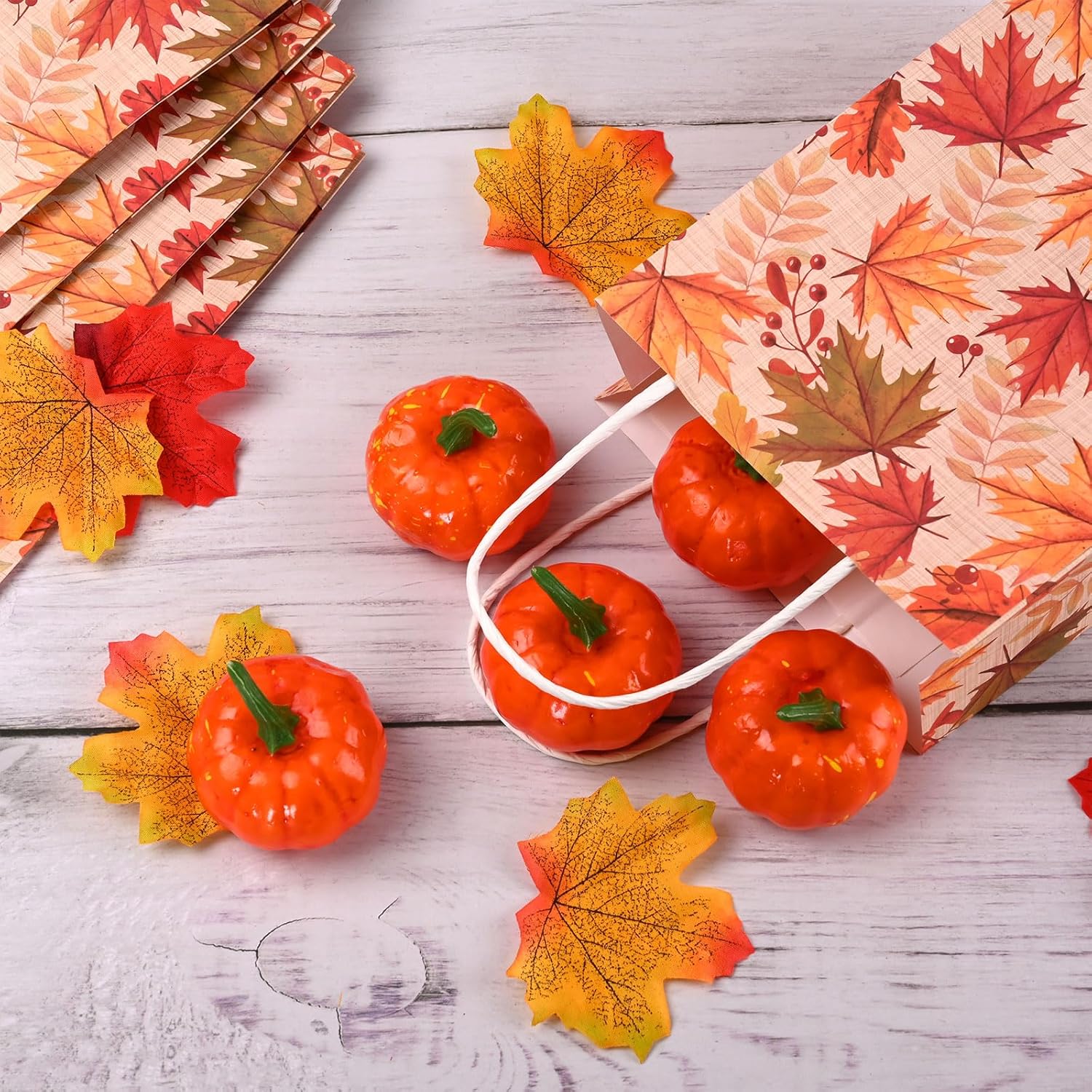16 bolsas de fiesta de hojas de otoño, bolsas de regalo de otoño, bolsas de papel, elementos de diseño, bolsas de regalo con asas para fiestas de