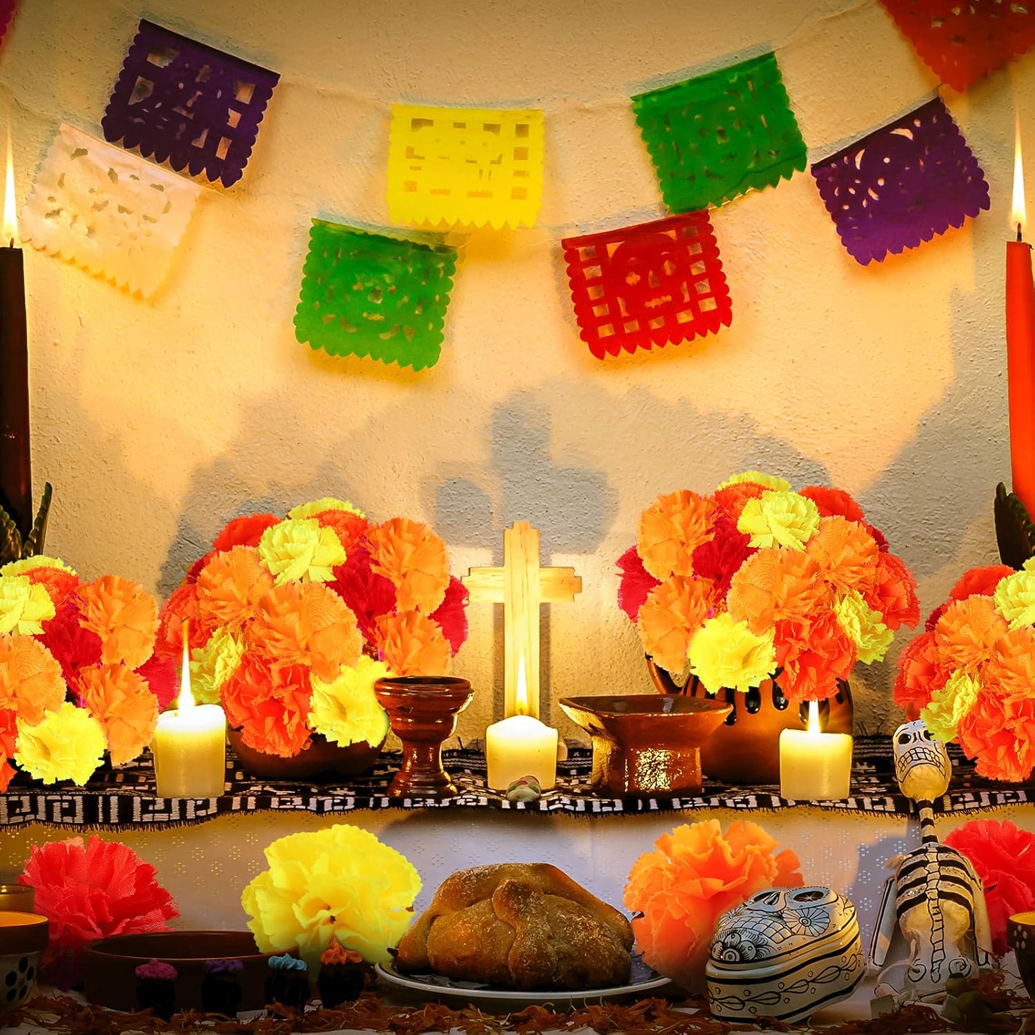 60 flores artificiales de caléndula sintética con tallos de Halloween, flores mexicanas falsas para fiesta del Día de los Muertos, flores para