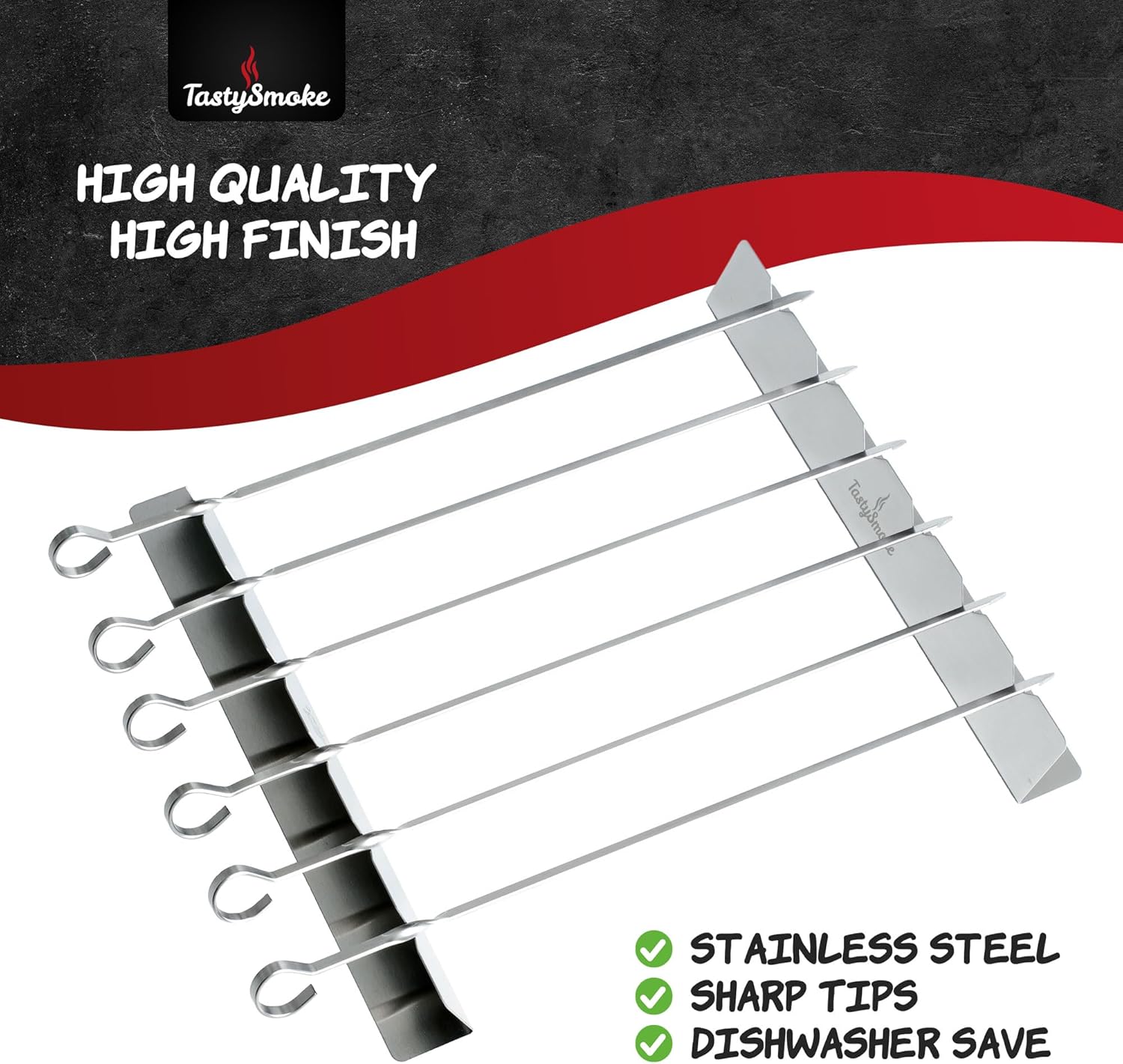 Tastysmoke Brochetas de alta calidad para brochetas y parrilla con estante  6 pinchos planos largos de acero inoxidable  Brochetas reutilizables