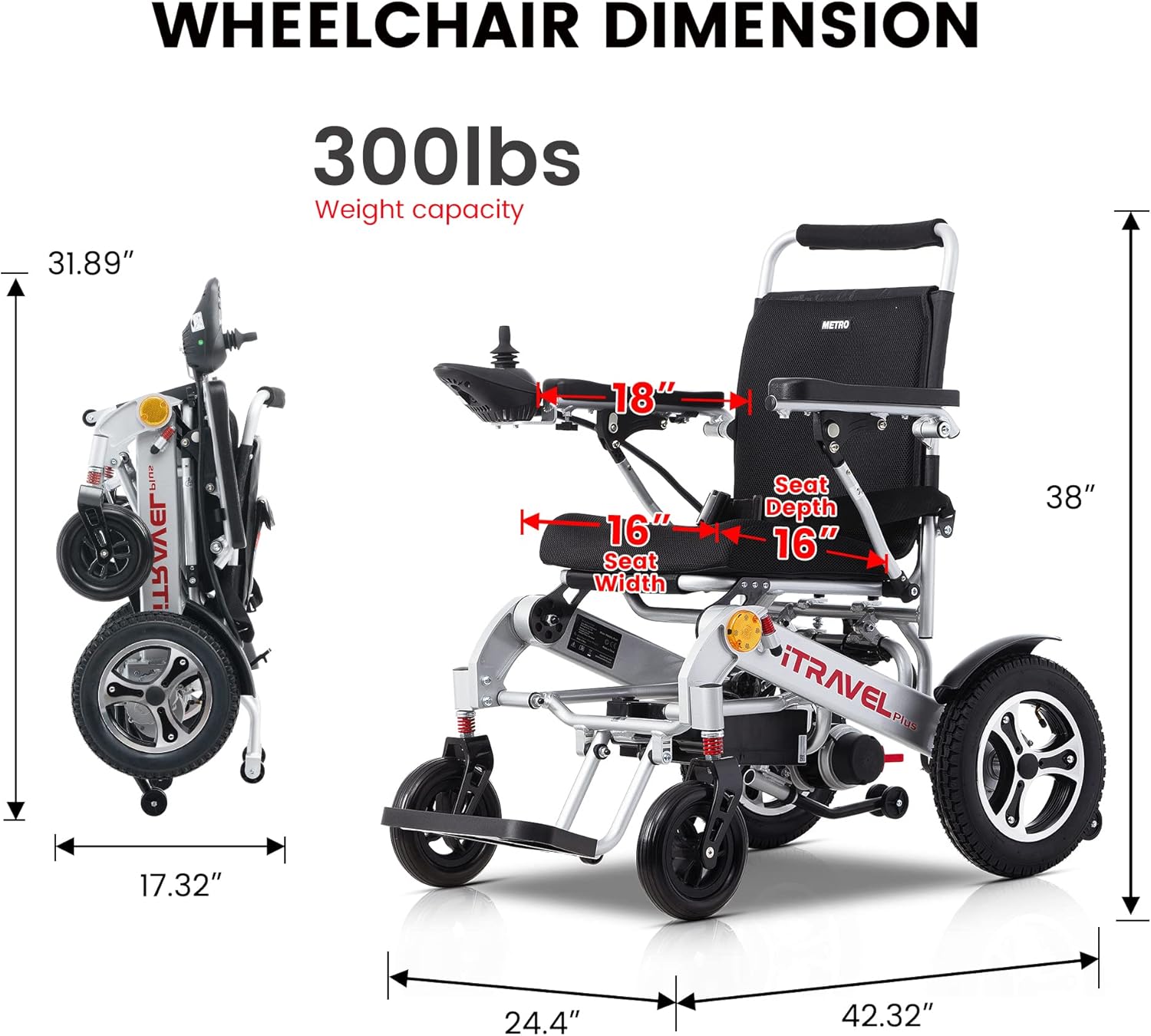 Metro Mobility Sillas de ruedas eléctricas para adultos, silla de ruedas eléctrica plegable de capacidad de 330 libras para personas mayores,
