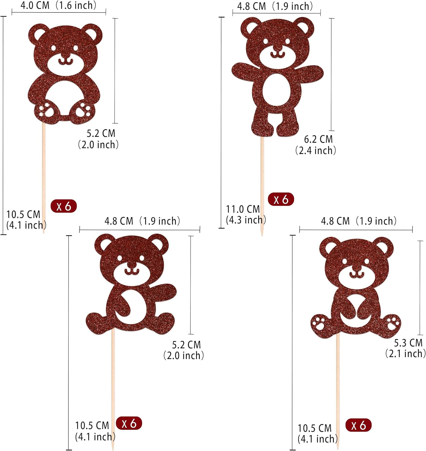 24 piezas de decoración para cupcakes de oso de bebé, con purpurina marrón, de doble cara, lindos osos para cupcakes, decoración de pasteles de