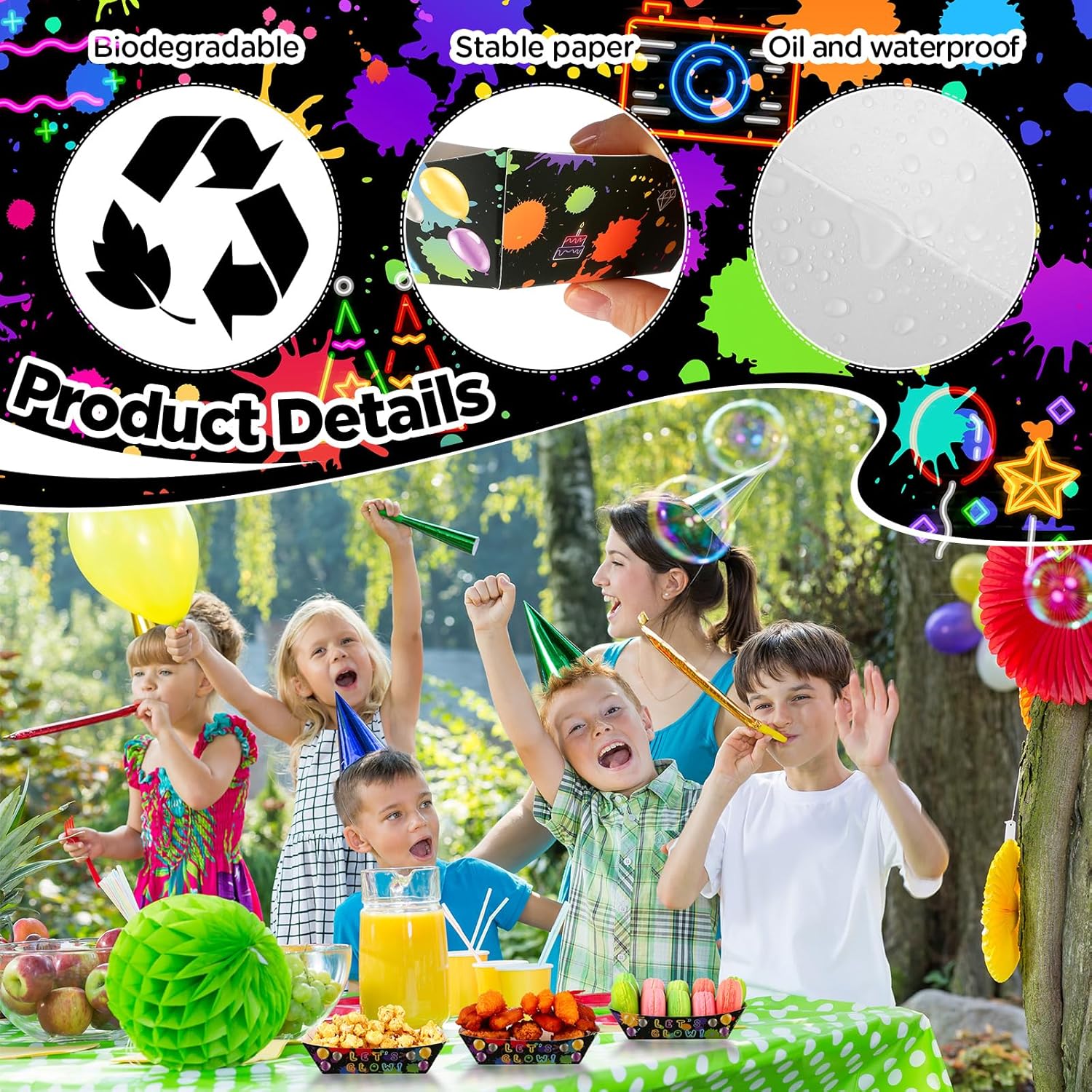 100 unidades de suministros de fiesta de neón de 2 libras, bandejas de papel desechables para servir nachos para perros calientes, barcos de neón