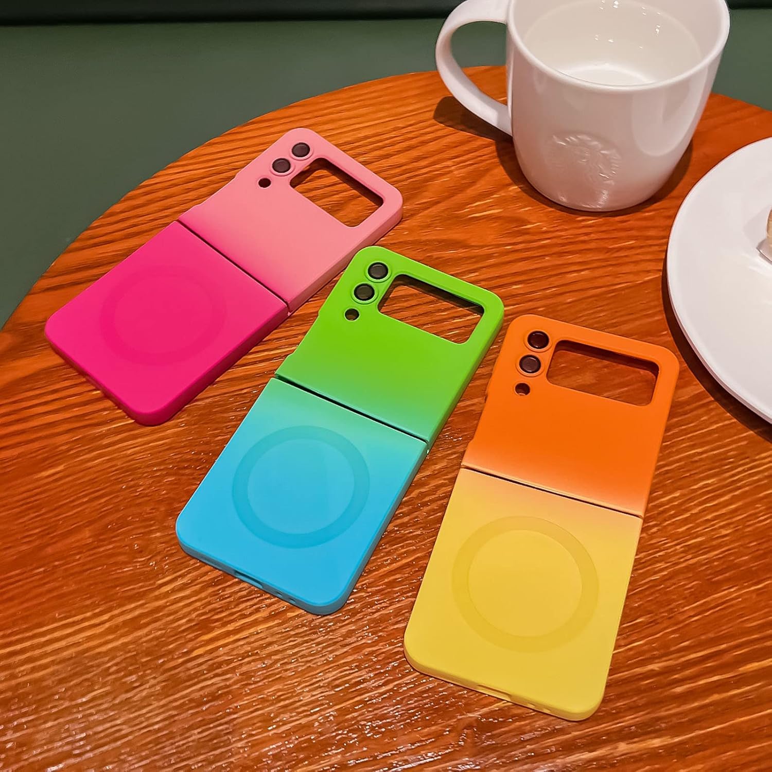 Funda magnética para Samsung Galaxy Z Flip 4 compatible con MagSafe color neón degradado, protector de lente de cámara integrado, suave al tacto,