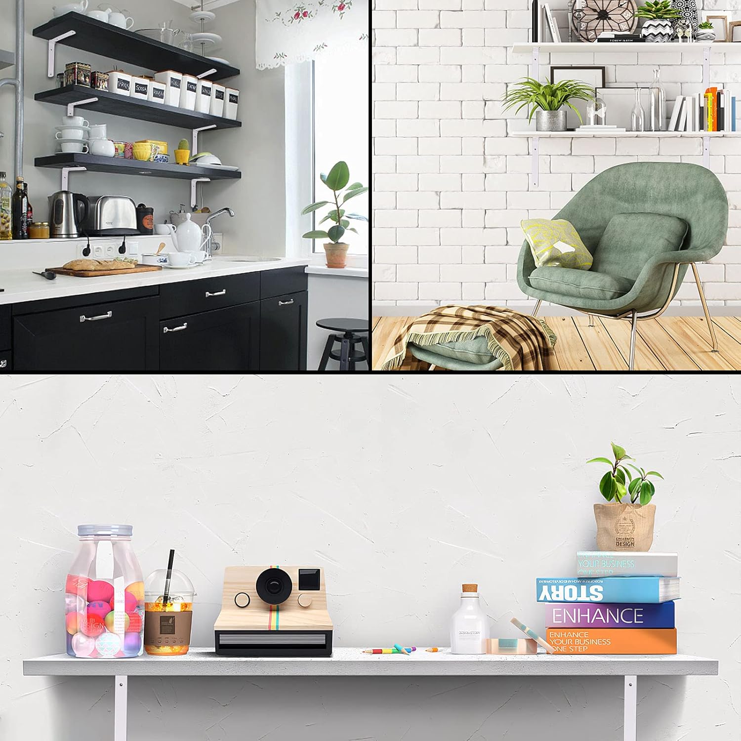 4 soportes de estante, 6 pulgadas, color blanco, resistente, soportes de pared de metal en L para estantes, soporte de pared para montaje en pared