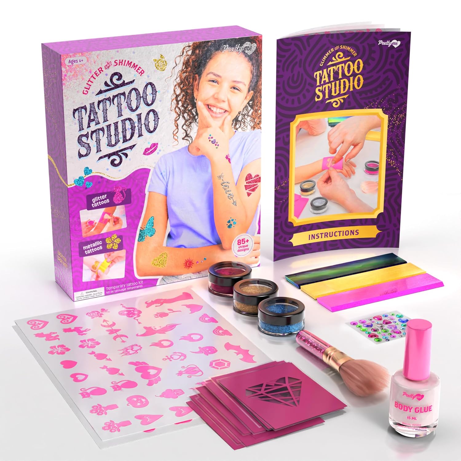 Kit de estudio de tatuajes temporales brillantes para niños, tatuajes falsos metálicos y con purpurina para niñas, ideas de regalo de cumpleaños