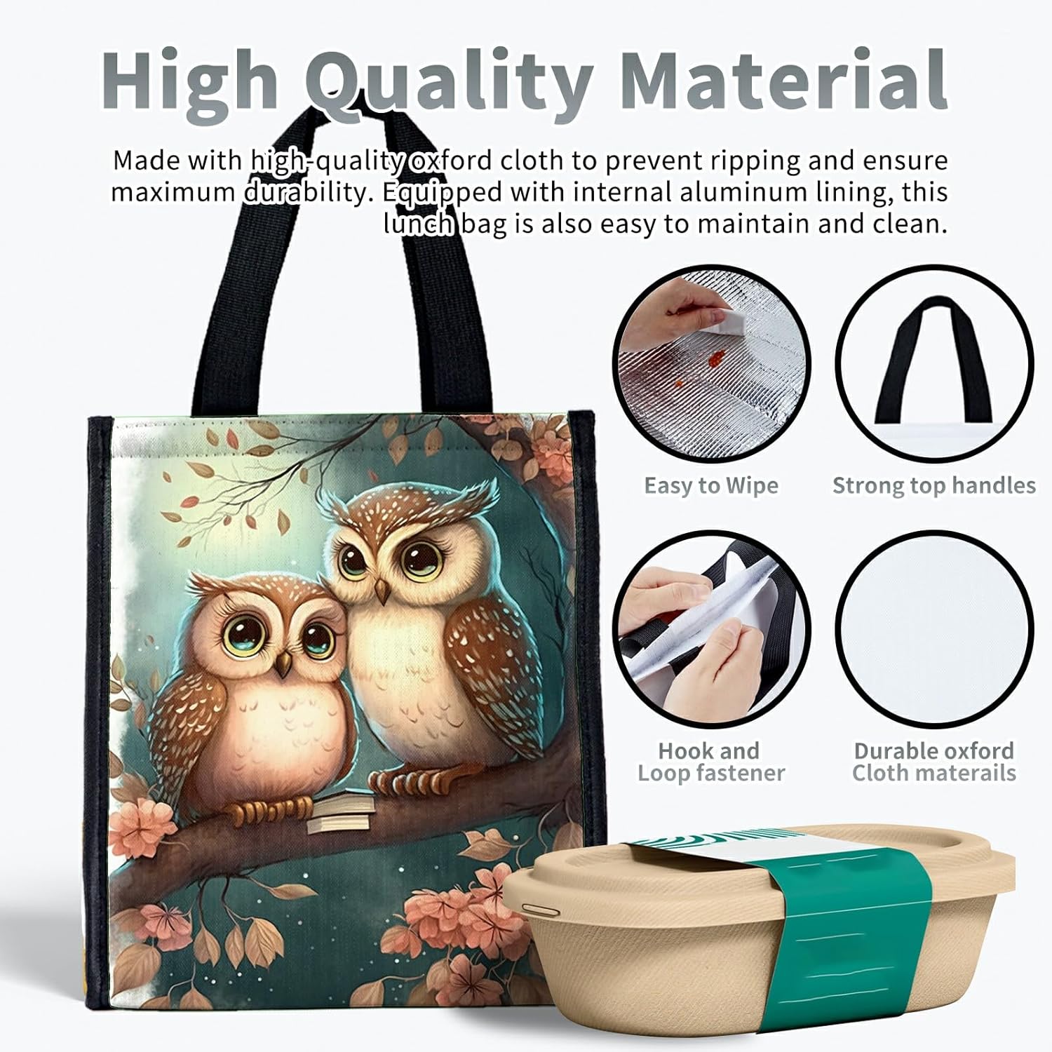 Bolsas de almuerzo para parejas de búhos, linda caja de almuerzo para mujer, reutilizable, aislada, bolsa enfriadora, plegable, portátil, a prueba