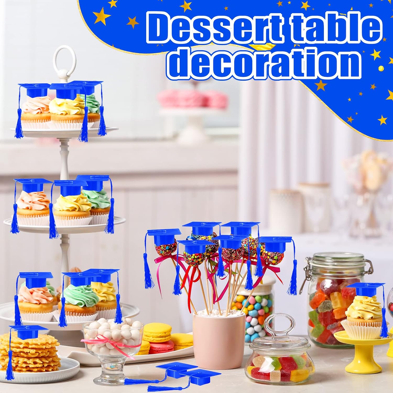Qunclay 60 piezas de mini gorras de graduación, tapas de plástico para decoración de fiesta de graduación (azul)