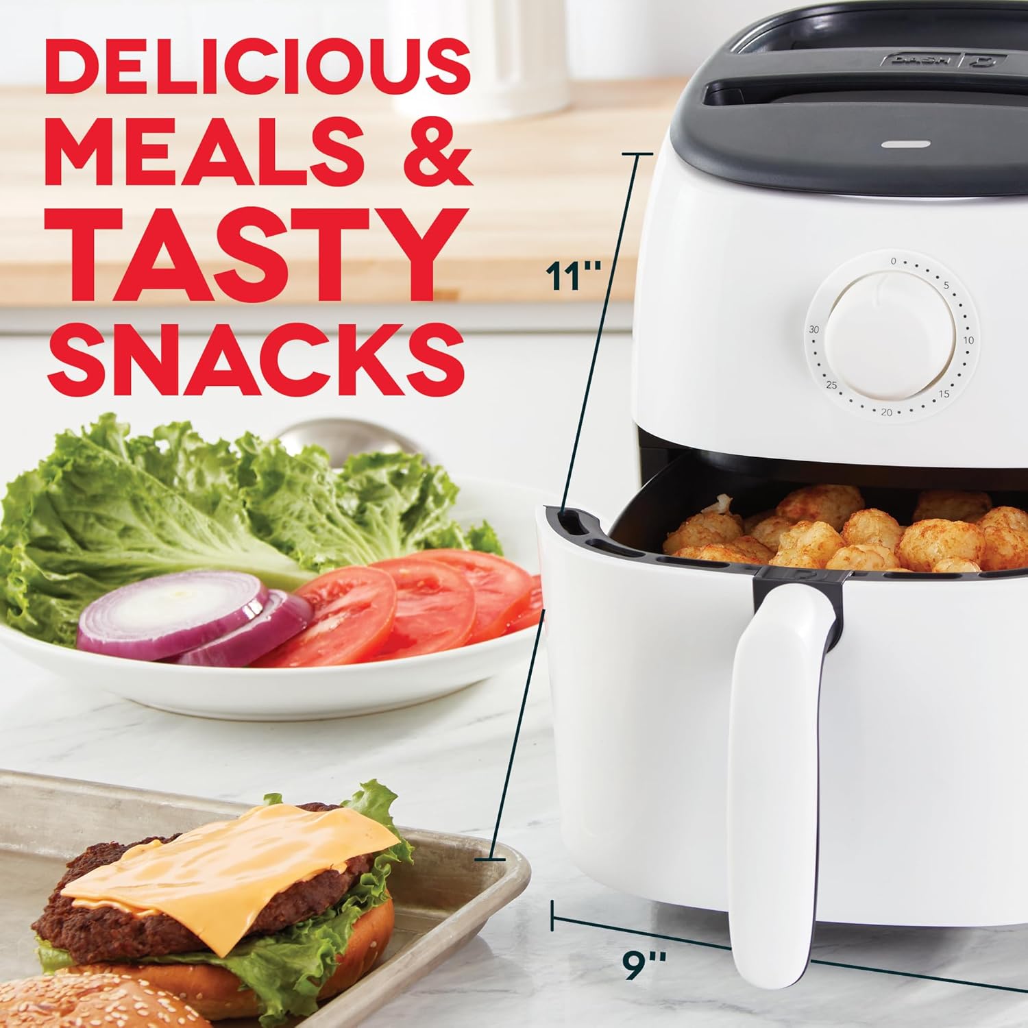 DASH Tasti-Crisp Express – Horno freidora de aire, 2.6 cuartos de galón, color blanco, freidora de aire compacta para alimentos más saludables en