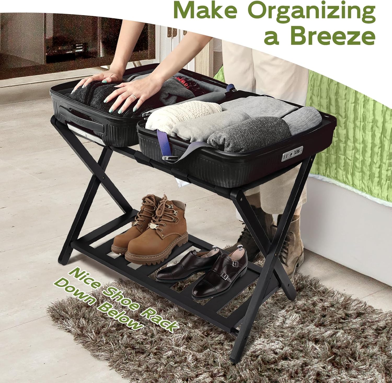 RAINHOL Portaequipajes plegable para habitación de invitados, 1 unidad, soporte de maleta montado con estante de almacenamiento, soporte de equipaje